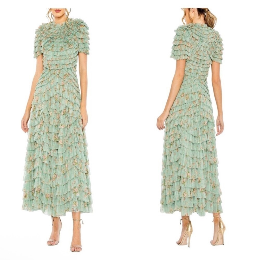 Mac Duggal 8014 Ruffle Tiered Short Sleeve A-Line Dress NWT Sage Multi - Picture 4 of 16